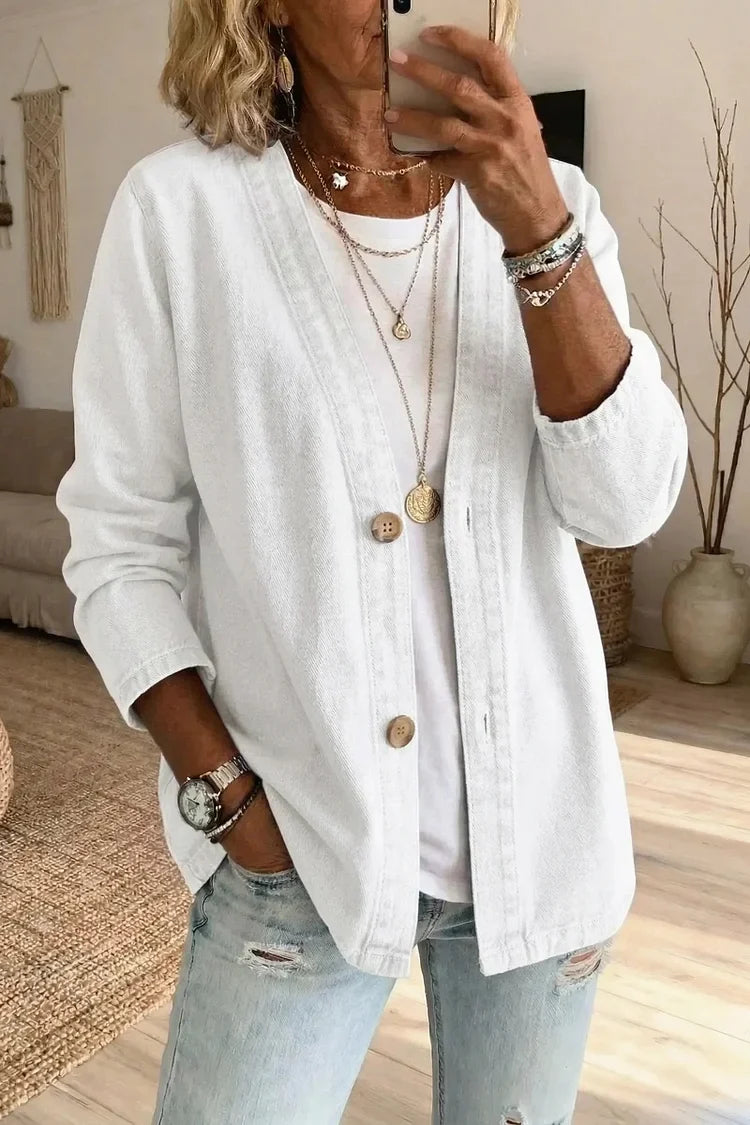 Button-Front Casual Oversized Denim Jacket