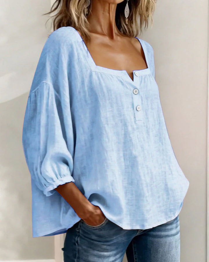 Solid Button-Neck Relaxed Blouse
