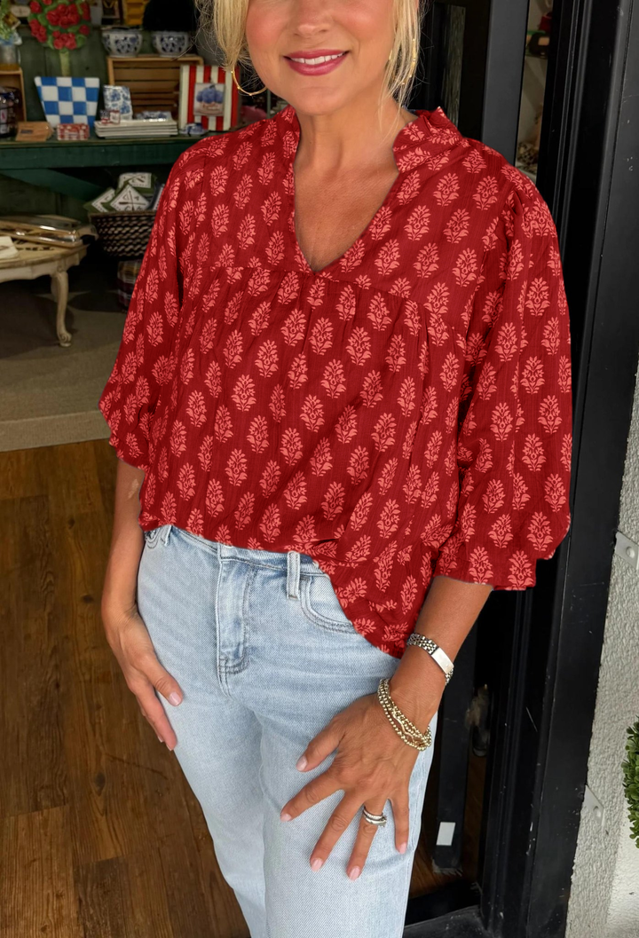 Charming Printed V-Neck Relaxed Blouse