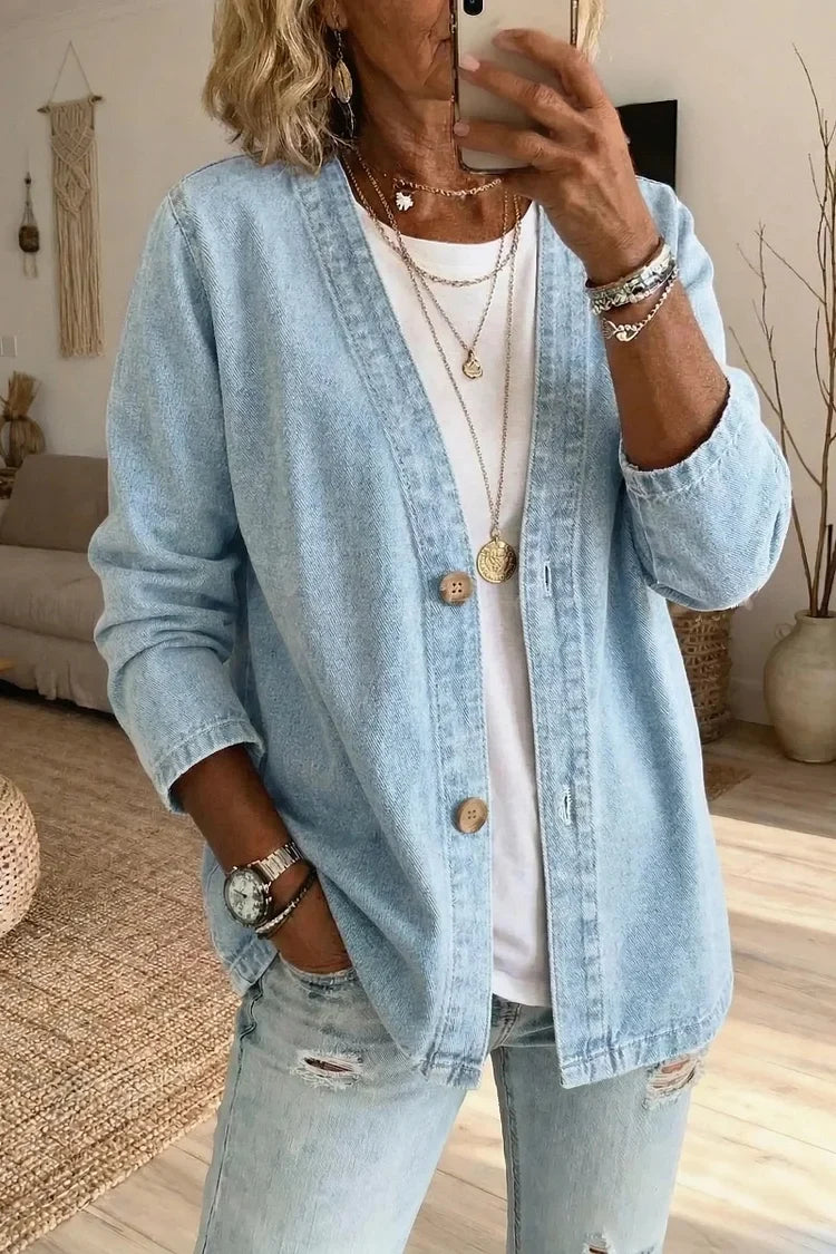 Button-Front Casual Oversized Denim Jacket