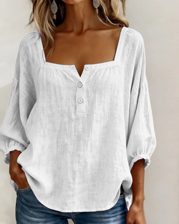 Solid Button-Neck Relaxed Blouse