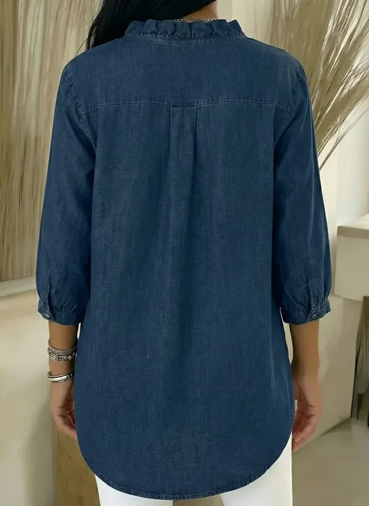 Chic Feminine Ruffle-Trim Denim Blouse