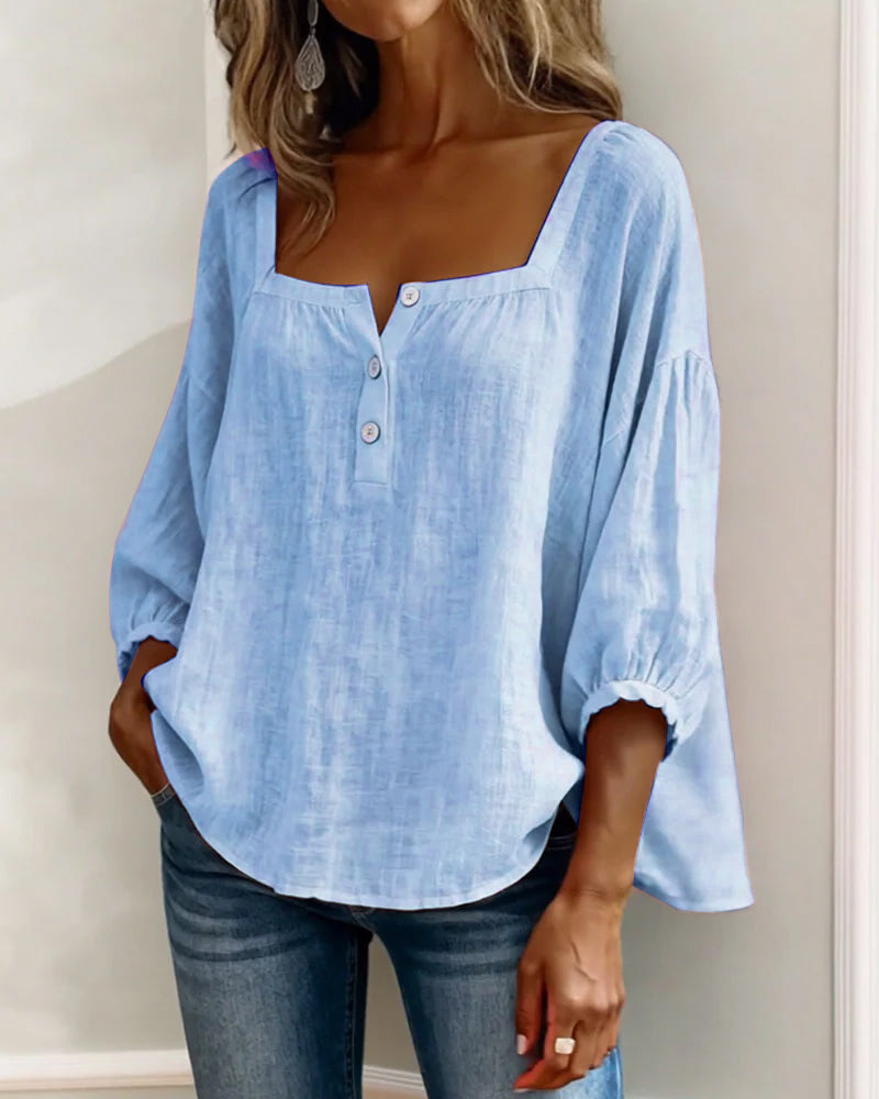 Solid Button-Neck Relaxed Blouse