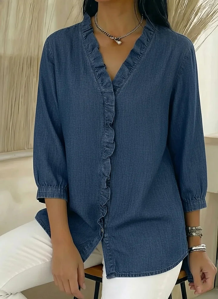 Ruffle-Trim Casual Denim Shirt Blouse