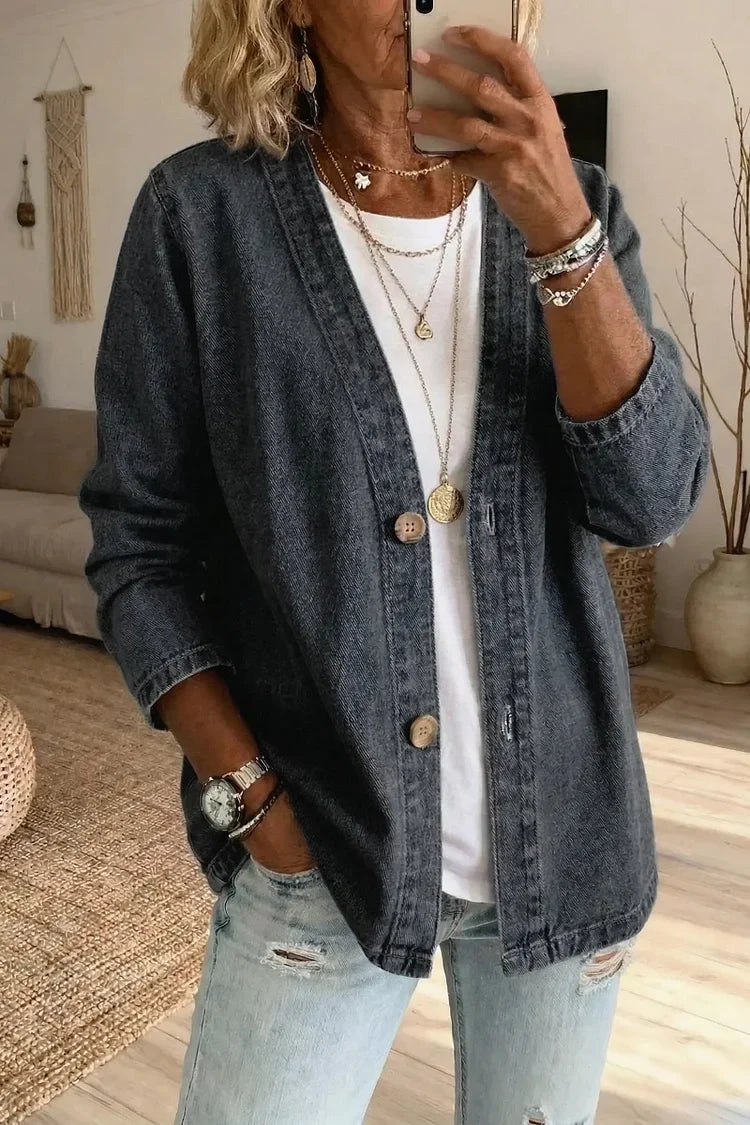 Button-Front Casual Oversized Denim Jacket