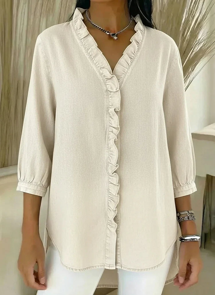 Ruffle-Trim Casual Denim Shirt Blouse
