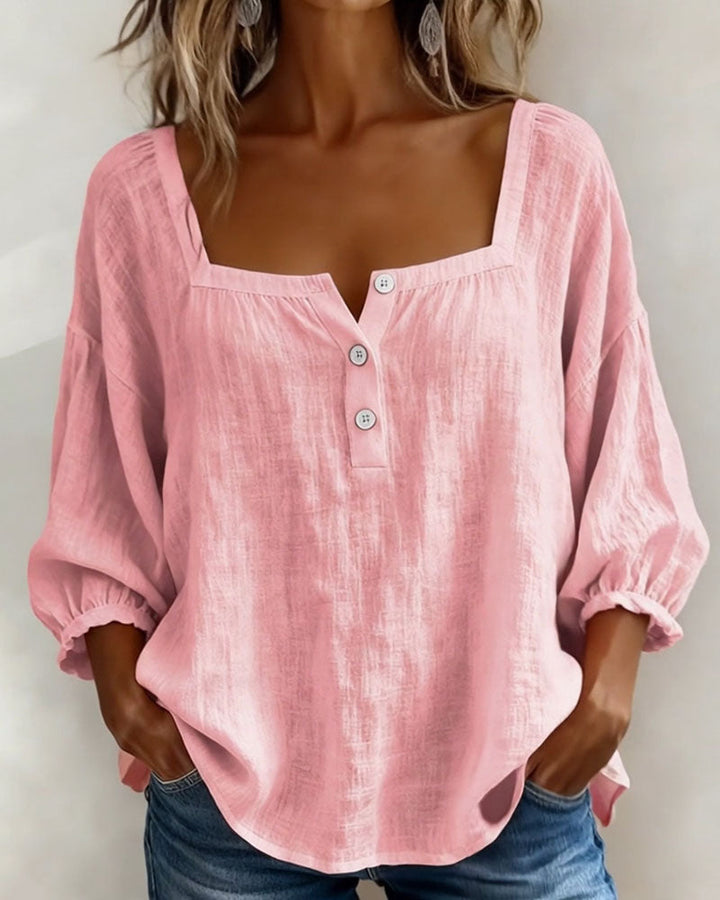 Solid Button-Neck Relaxed Blouse