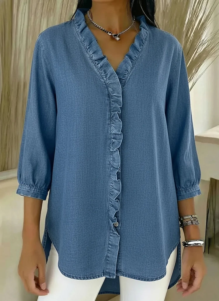 Ruffle-Trim Casual Denim Shirt Blouse