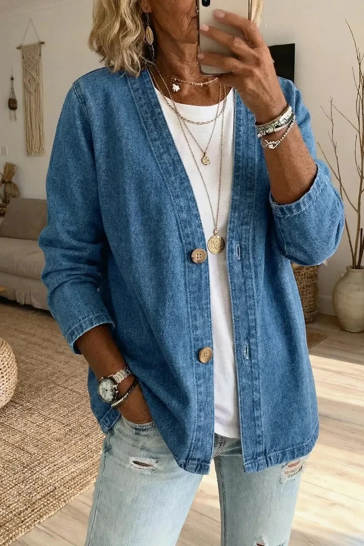 Button-Front Casual Oversized Denim Jacket