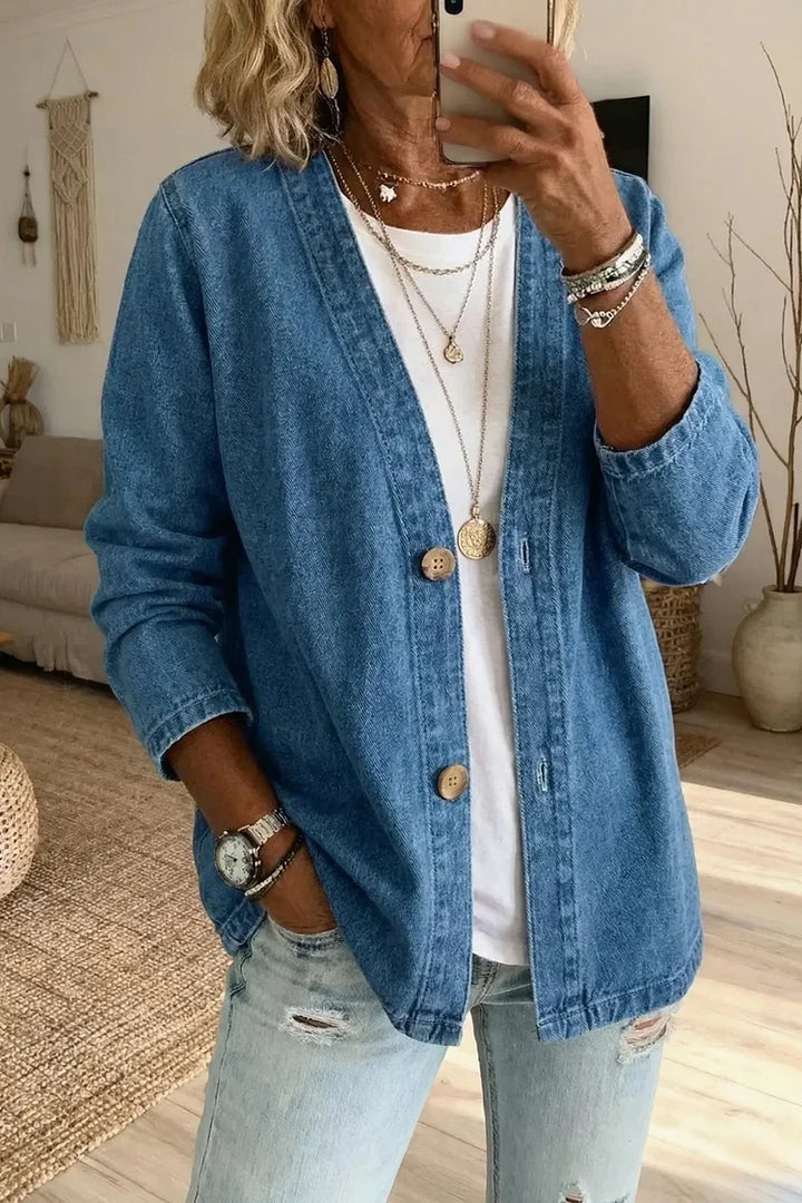 Button-Front Casual Oversized Denim Jacket