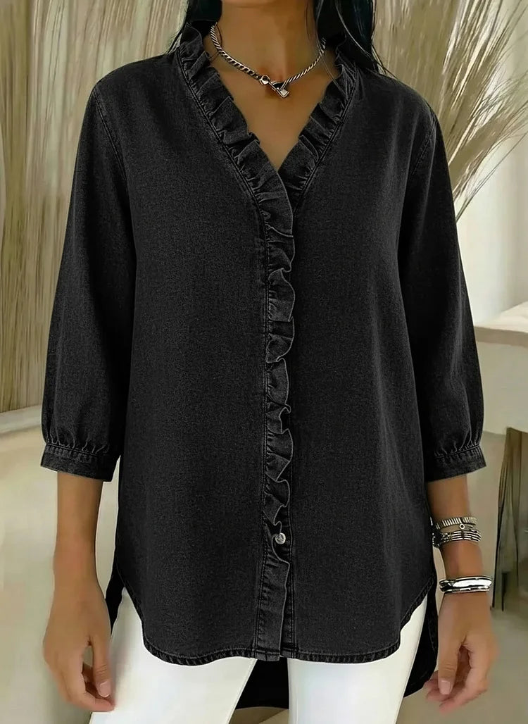 Ruffle-Trim Casual Denim Shirt Blouse