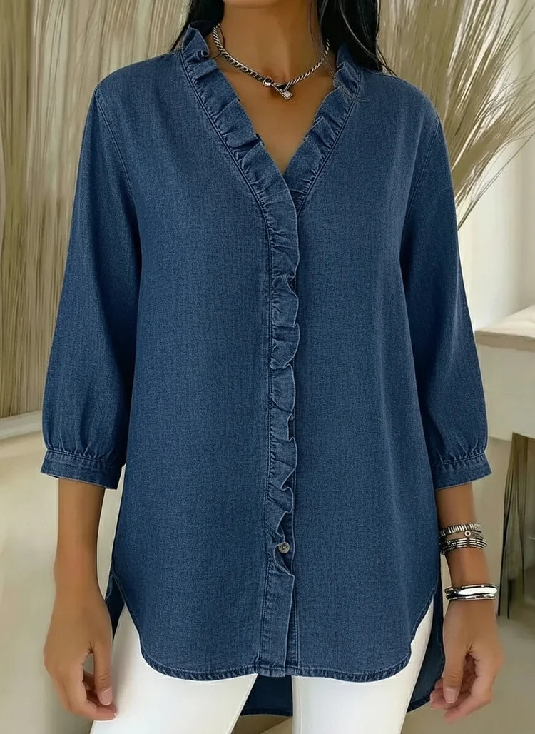 Ruffle-Trim Casual Denim Shirt Blouse