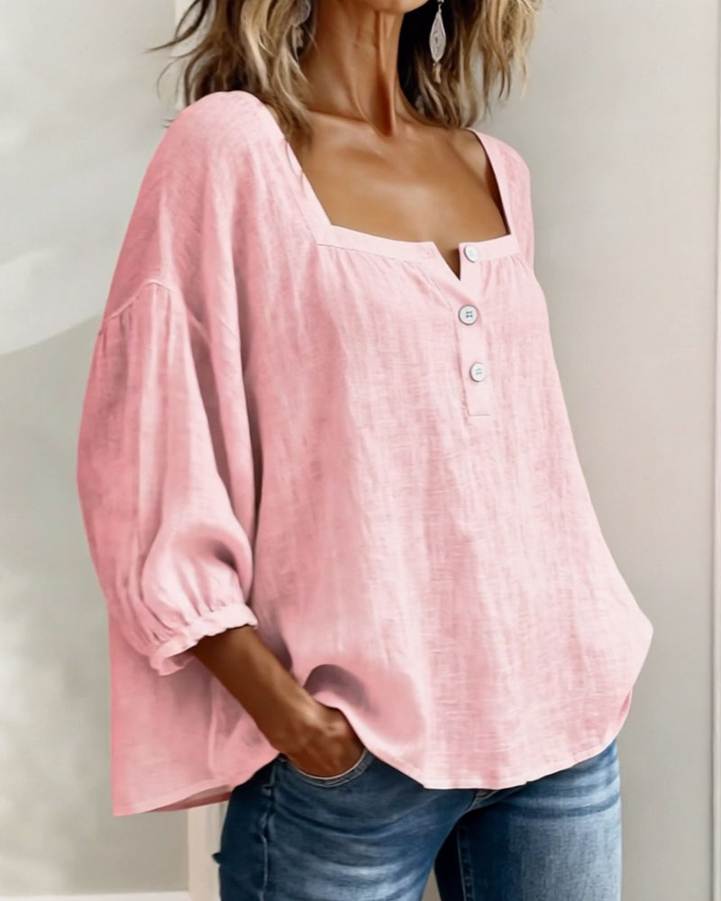 Solid Button-Neck Relaxed Blouse