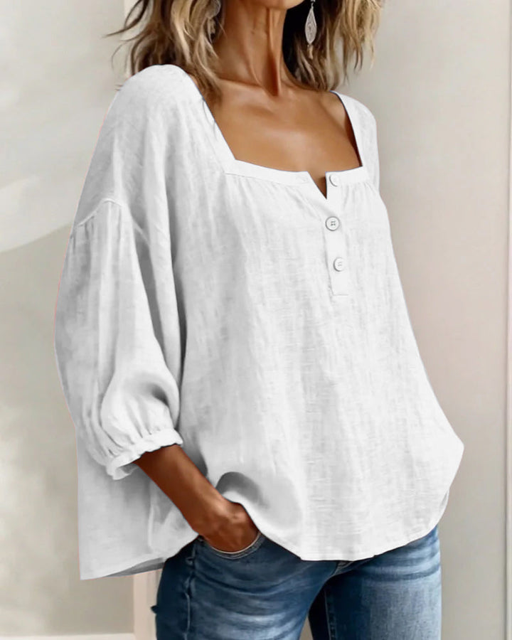 Solid Button-Neck Relaxed Blouse