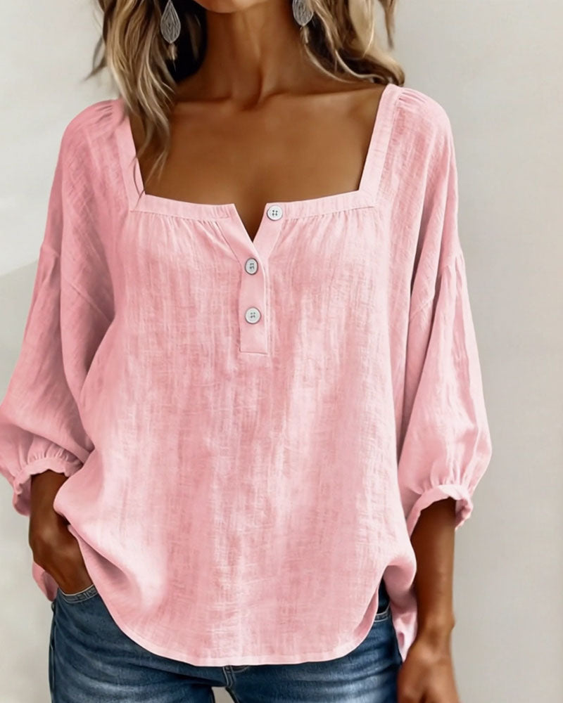 Solid Button-Neck Relaxed Blouse