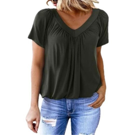 Ruched V-Neck Casual Loose-Fit Blouse