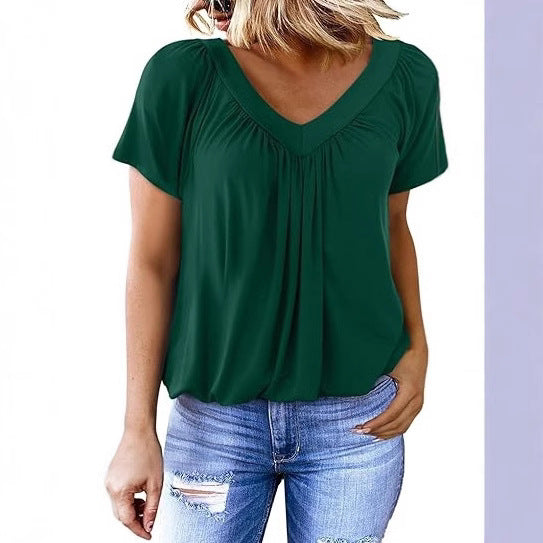 Ruched V-Neck Casual Loose-Fit Blouse
