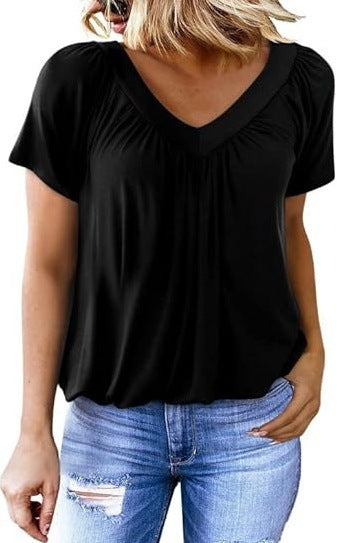Ruched V-Neck Casual Loose-Fit Blouse