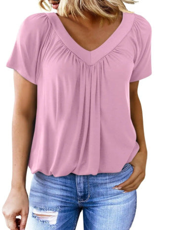 Ruched V-Neck Casual Loose-Fit Blouse