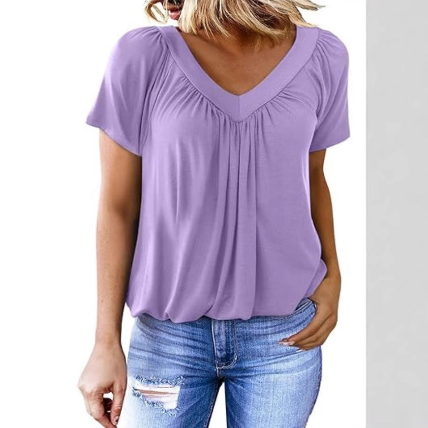 Ruched V-Neck Casual Loose-Fit Blouse