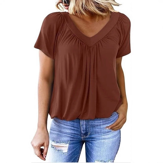 Ruched V-Neck Casual Loose-Fit Blouse