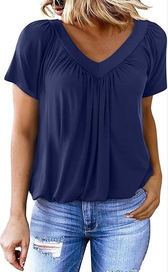 Ruched V-Neck Casual Loose-Fit Blouse