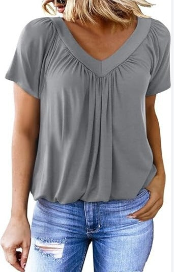 Ruched V-Neck Casual Loose-Fit Blouse