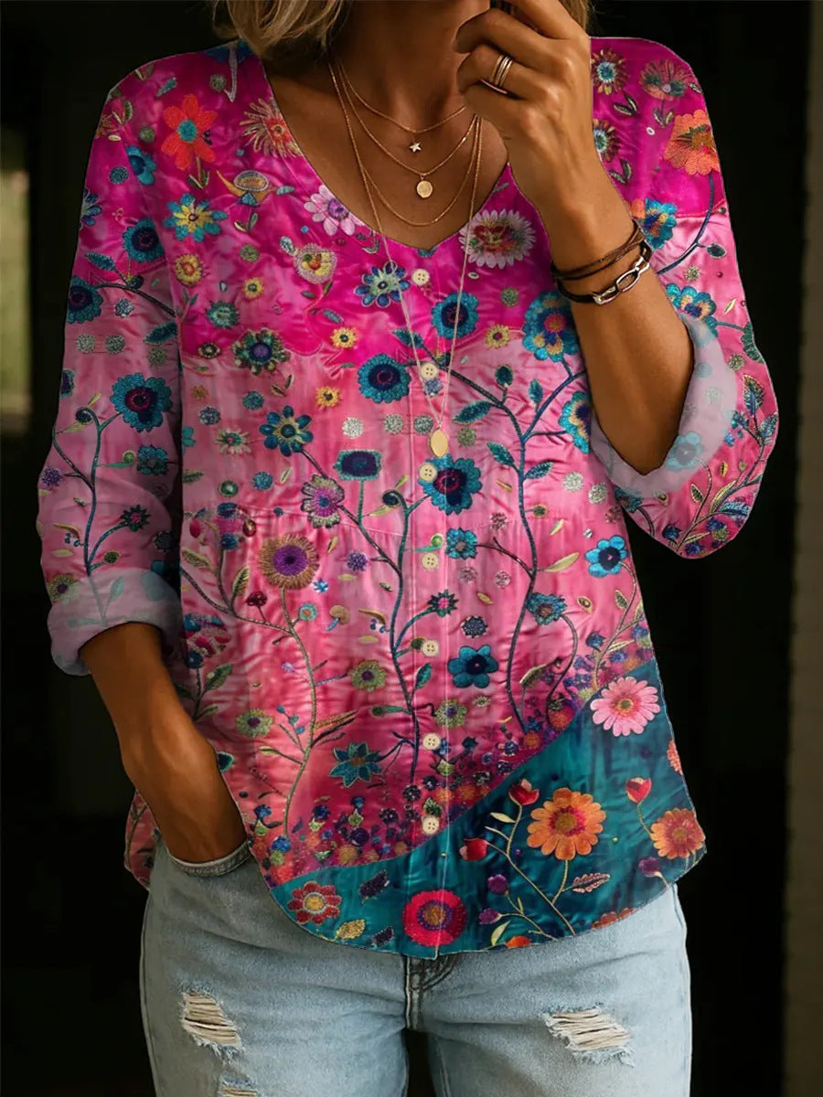 Wildflower Print Boho Button Blouse