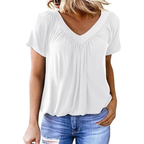 Ruched V-Neck Casual Loose-Fit Blouse
