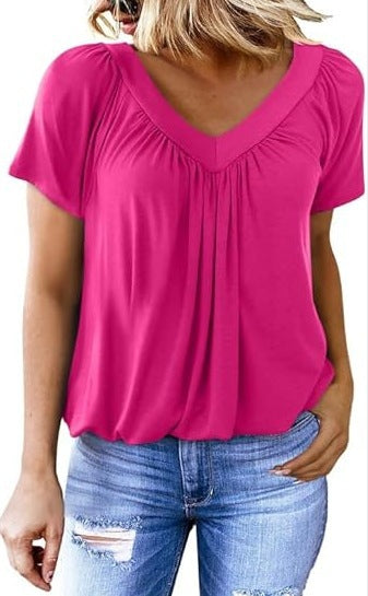 Ruched V-Neck Casual Loose-Fit Blouse