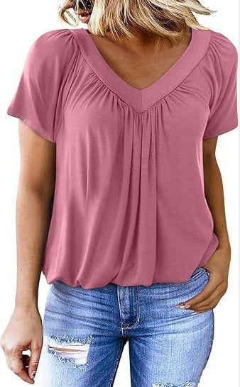 Ruched V-Neck Casual Loose-Fit Blouse