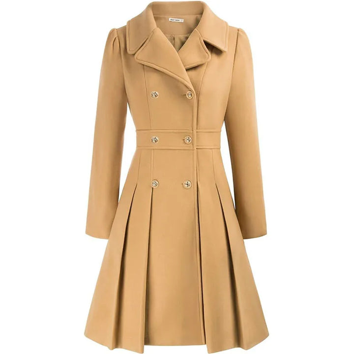 Alethea™ | Pleated Double-Breasted Fit-and-Flare Coat
