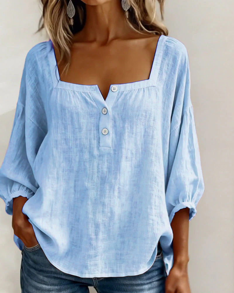 Solid Button-Neck Relaxed Blouse