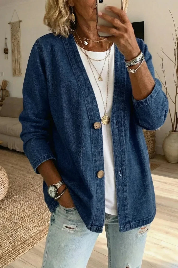 Button-Front Casual Oversized Denim Jacket