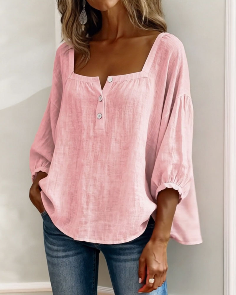 Solid Button-Neck Relaxed Blouse