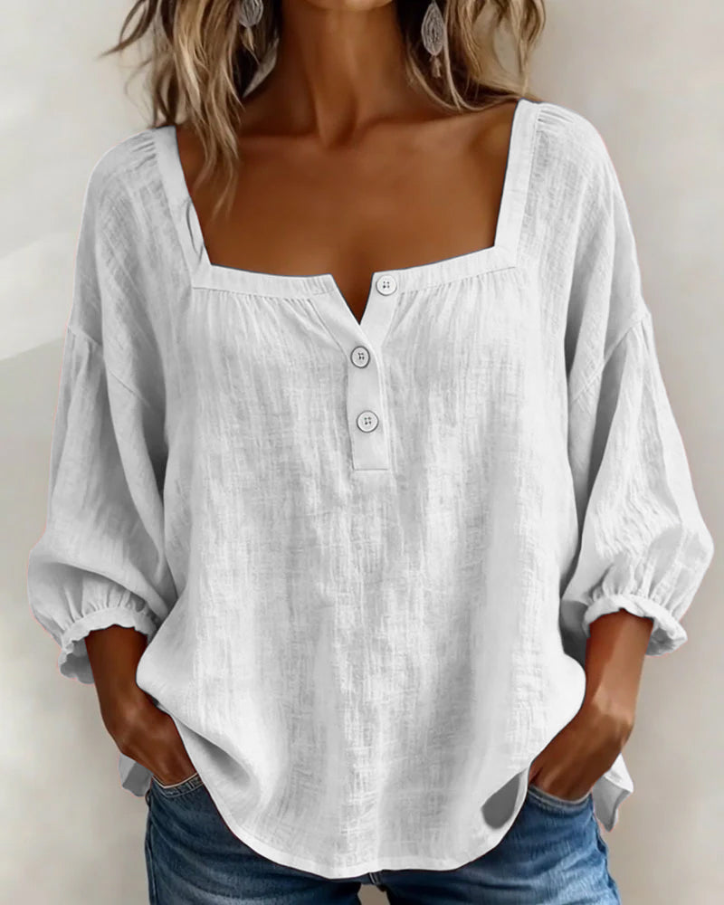 Solid Button-Neck Relaxed Blouse