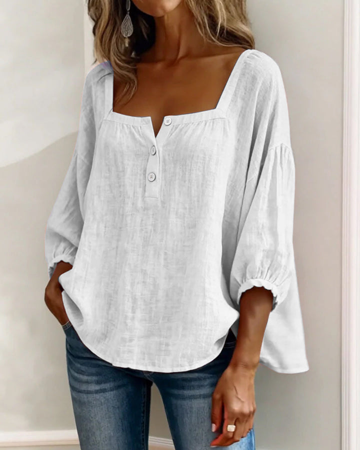 Solid Button-Neck Relaxed Blouse