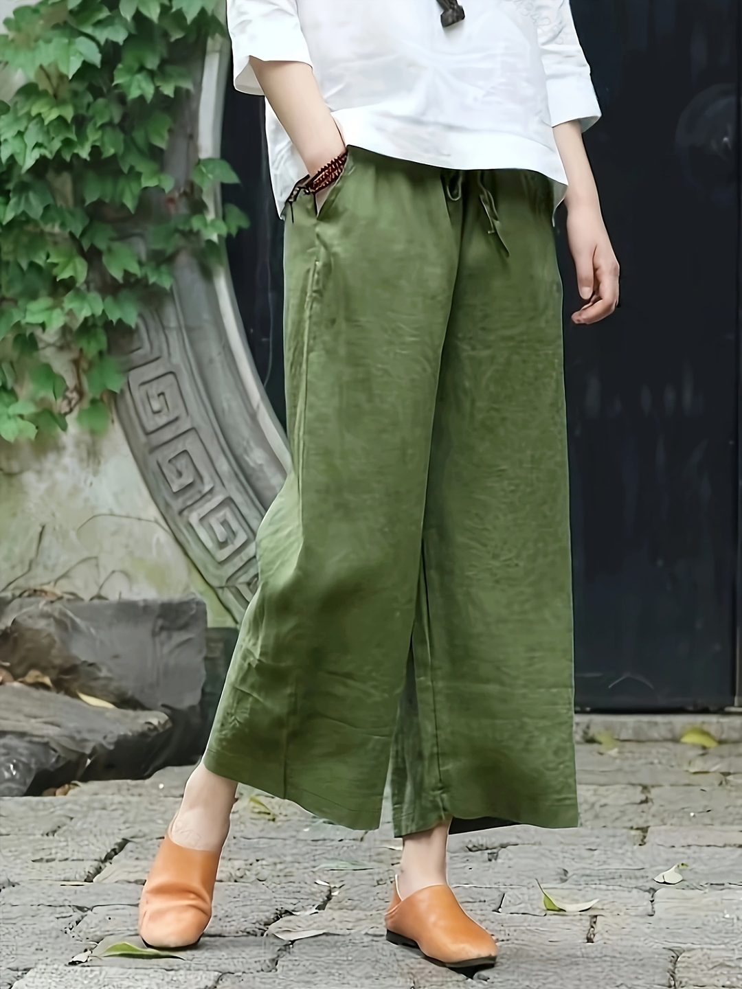Casual Solid Wide-Leg Pants