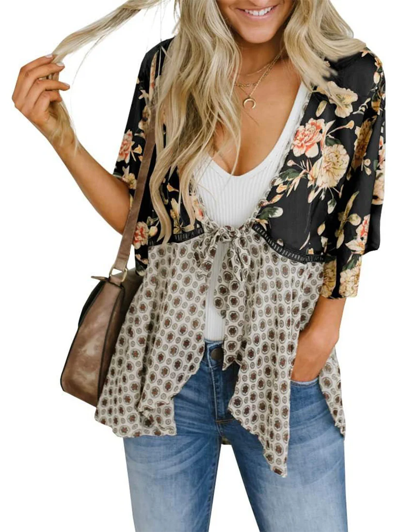 Artistic Floral Tie-Front Kimono