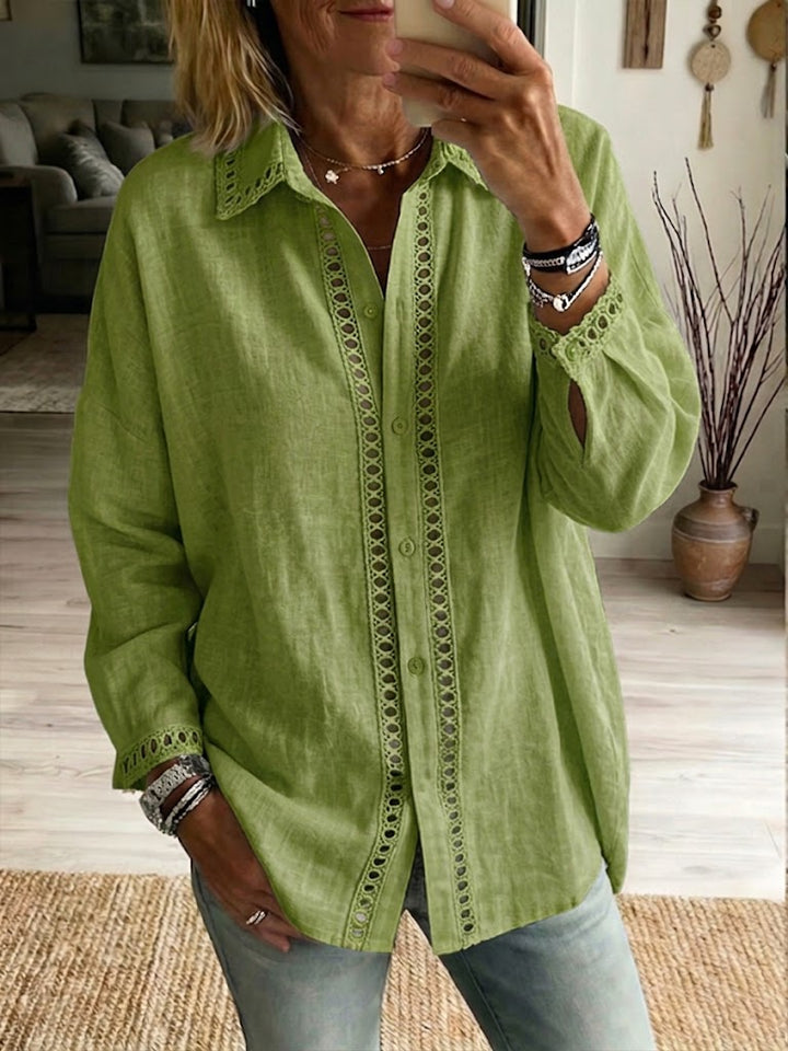 Eyelet-Trim Casual Linen Button-Down Shirt