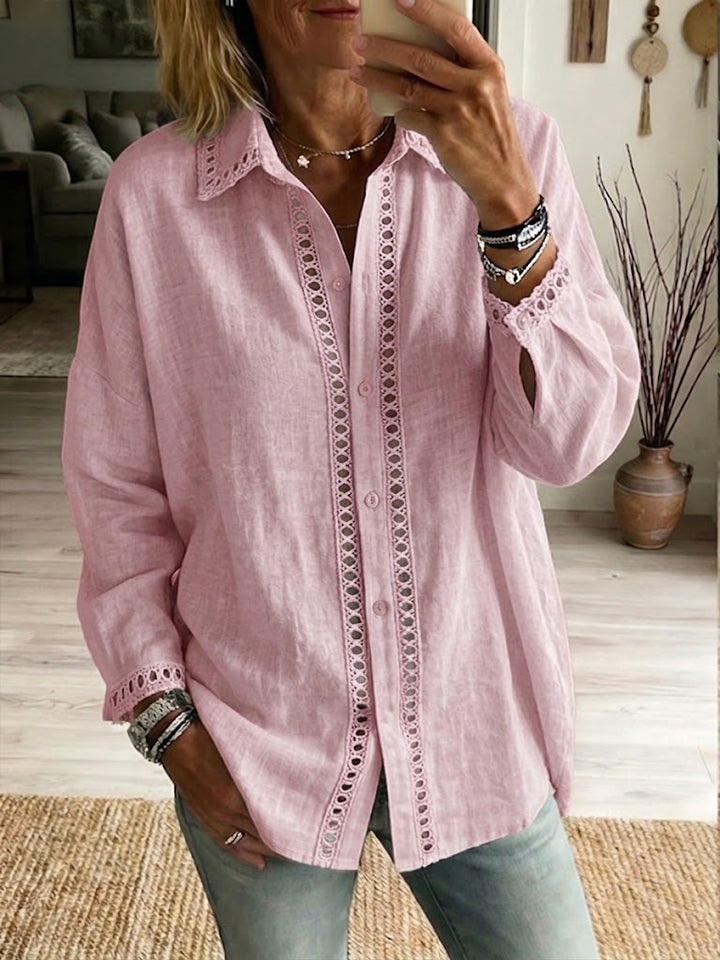 Eyelet-Trim Casual Linen Button-Down Shirt