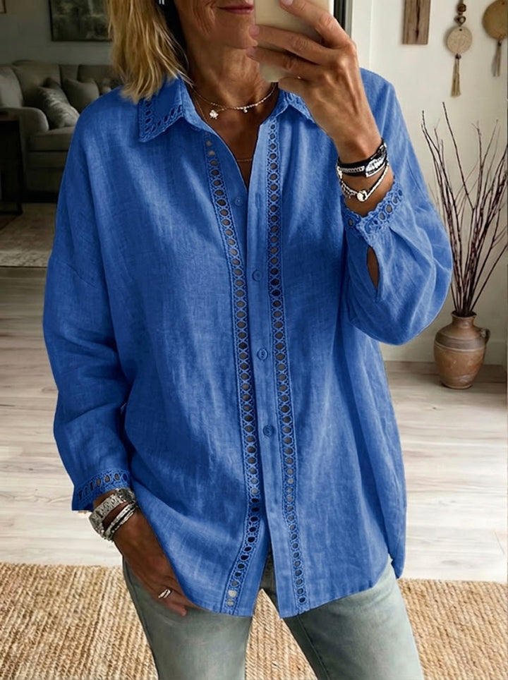 Eyelet-Trim Casual Linen Button-Down Shirt