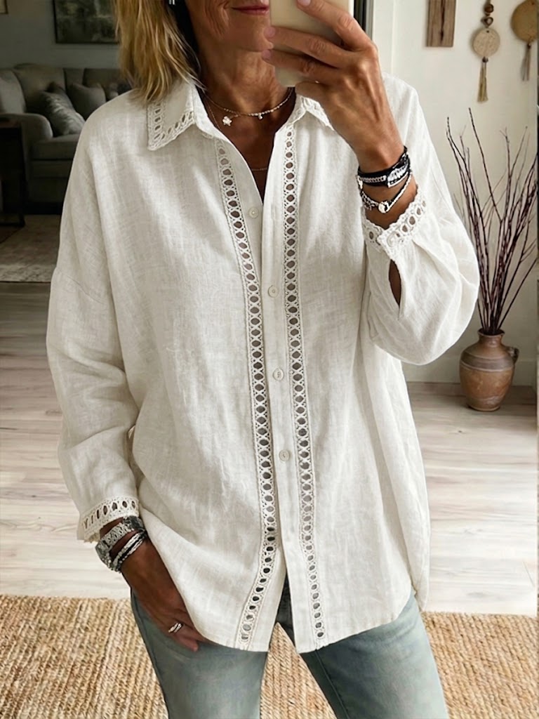 Eyelet-Trim Casual Linen Button-Down Shirt