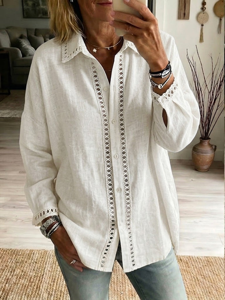 Eyelet-Trim Casual Linen Button-Down Shirt